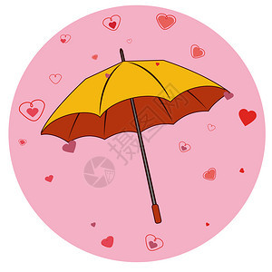 可爱的心和黄色雨伞在粉红色圆圈图片