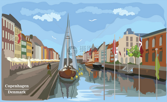 丹麦哥本哈根风景插画图片