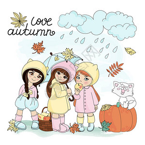 秋季小女孩插图图片