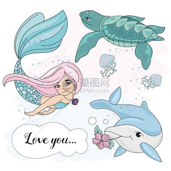 海底美人鱼与海豚矢量插图图片