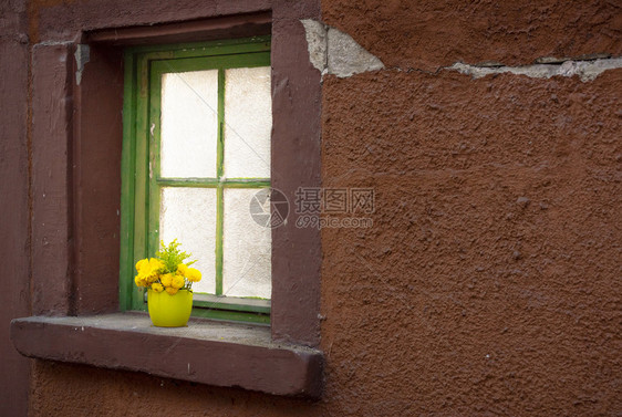 窗边的绿花瓶里有黄色的春花图片