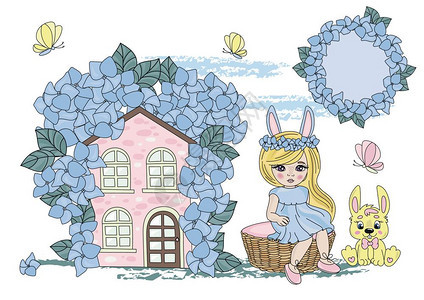 夏日卡通漫画小女孩与兔子矢量插图图片
