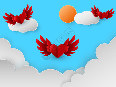 红色心在天空中飞过云层剪纸风格矢量图解图片