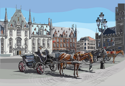 中世纪城市野兽马匹车和灯具在市场广的野兽色彩多的矢量雕刻图示图片