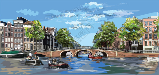 城市的景象在阿姆斯特丹河的道上架桥内地的标色彩多的矢量雕刻图示图片