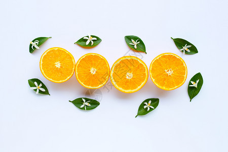 c新鲜柑橘水果白底叶和鲜花图片