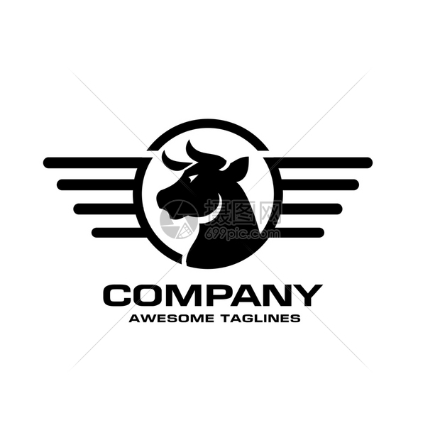 公牛头圈矢量徽标概念说明水牛头圈和翅膀线徽标公牛头黑盾徽标动物志