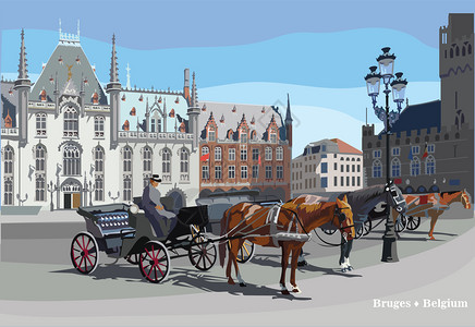 中世纪城市野兽马匹车和灯具在市场广的野兽图片
