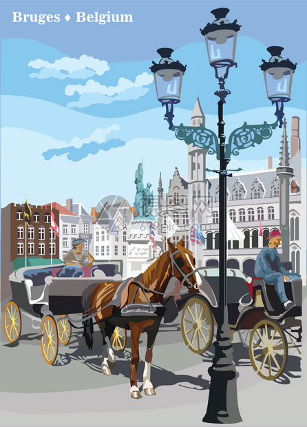 中世纪城市野兽马匹车和灯具在市场广的野兽图片
