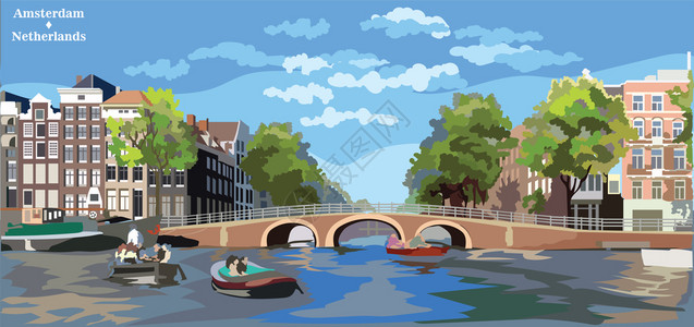 城市的景象在阿姆斯特丹河的运上架桥内地的标色彩多的矢量图解图片