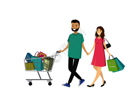 用购物袋的快乐情侣商店的大折扣公寓设计卡通矢量插图带购物袋的快乐情侣图片