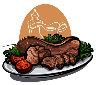盘生牛排煮熟牛舌插画