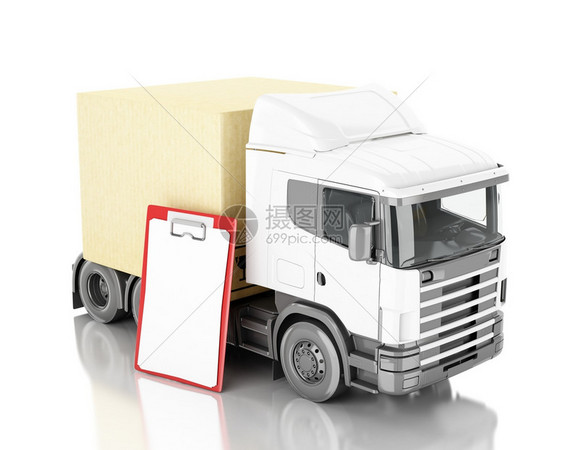 3d插图装有纸板箱的卡车交货概念孤立的白色背景图片