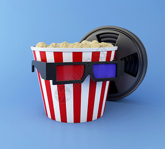 3d插图电影卷爆米花和3d眼镜电影摄概念图片