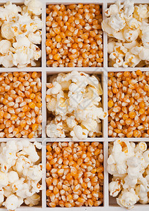 鲜金甜玉米种子和白木盒中的爆米花图片