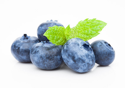 新鲜健康有机蓝莓白底薄荷叶图片