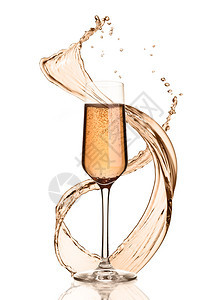 粉红香槟喷花和泡白底图片