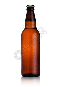 棕褐色玻璃啤酒瓶黑色帽子白底露和反光与白色背景隔绝图片