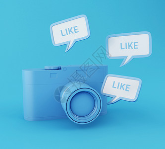3d插图反光照相机像针一样贴在蓝色背景上社交网络概念图片