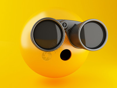 3d插图黄色背景带双筒望远镜的moji图标社交媒体概念图片