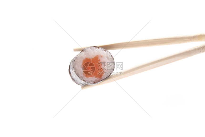 以白色背景孤立的三文鱼马木寿司图片