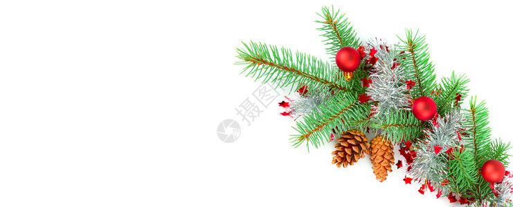 圣诞节装饰浴缸白色背景的fir树枝文本空闲间宽度照片图片