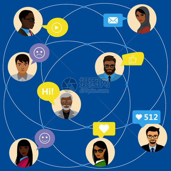 社会网络carton病媒插图中的人或办公室工作员之间的沟通和聊天图片