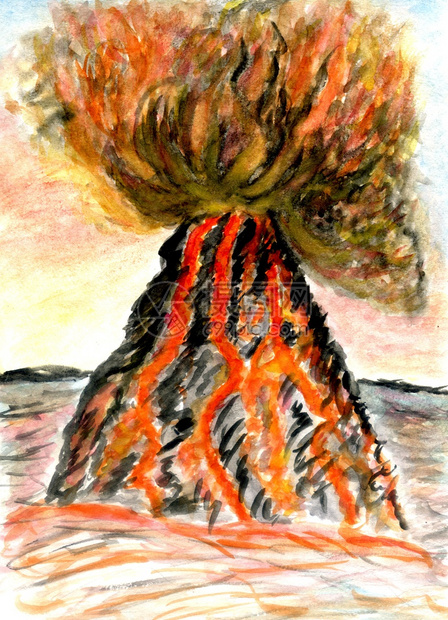 用火山爆发水彩画图片