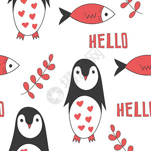 爱运动的企鹅矢量卡通企鹅和鱼插画