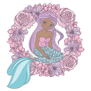 可爱美人鱼公主与花环矢量插图图片