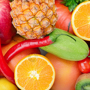 收集新鲜水果和蔬菜健康有机食品的背景图片