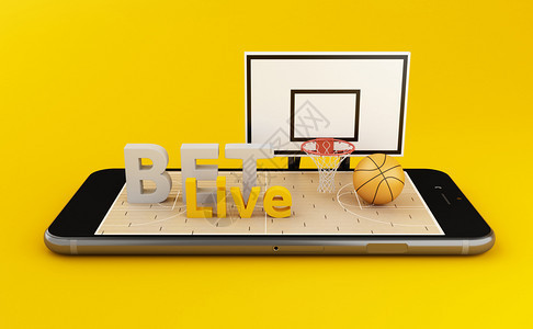 有篮球场和的智能手机观看篮球和赌注在线概念3d插图图片