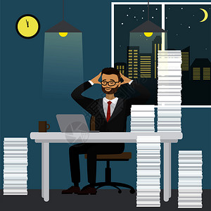 模板桌面工作超负荷的商人或办公室工坐在办公桌休息堆叠文件夹企业压力平板式现代矢量图插画