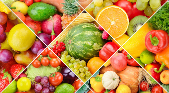 收集水果和蔬菜的明亮背景照片拼贴图片