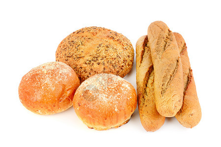 各种面包和制品孤立在白色背景图片