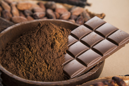 巧克力粉和可可豆甜点背景图片