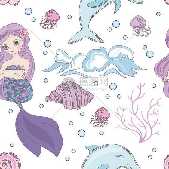 梦幻美人鱼海洋无缝模式矢量插图图片