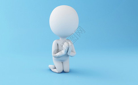 3d插图白人站在浅蓝色背景的祈祷姿势上图片