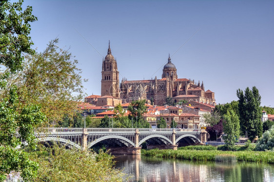 早上从托尔梅斯河萨拉曼卡市西班牙欧洲的托尔梅斯河欧洲的萨拉曼卡大教堂图片