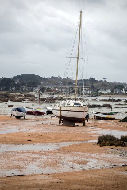 在法国布里塔尼海岸低潮下的船只图片