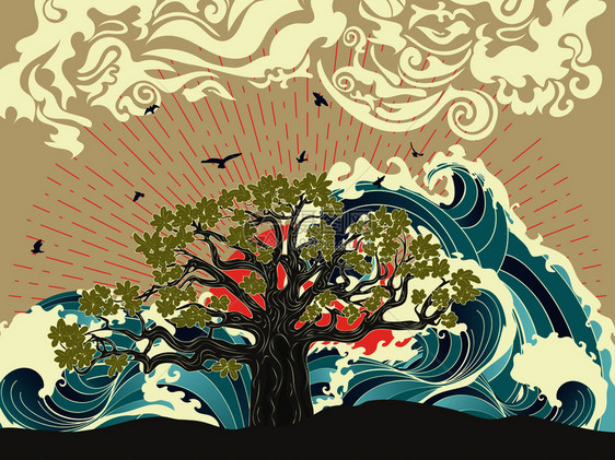 树和暴风海洋日落艺术设计图片