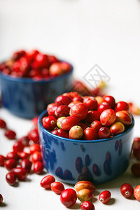 明亮的红色蔓越莓在一个漂亮的蓝色碗在一张木桌上特写图片