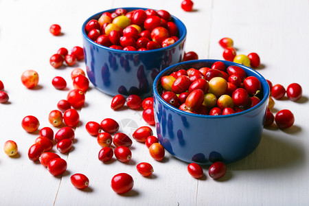 明亮的红色蔓越莓在一个漂亮的蓝色碗在一张木桌上特写背景图片