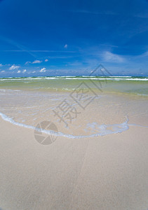 沙空海滨在清蓝天空有冲浪波图片