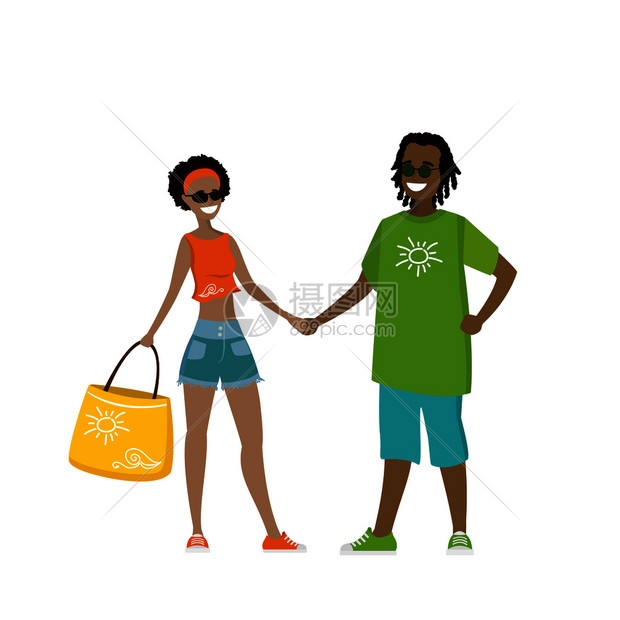 快乐的非洲青年夫妇手牵切卡通矢量插图快乐的青年夫妇手牵图片