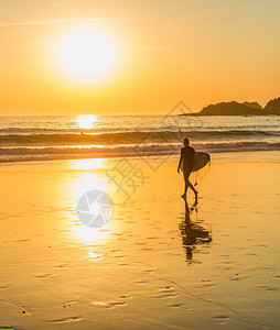 冲浪者在沙滩上行驶到海洋的脚影景沙滩藻龟等的金色日落图片