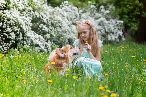 小女孩带着宠物狗在花园里拍照图片