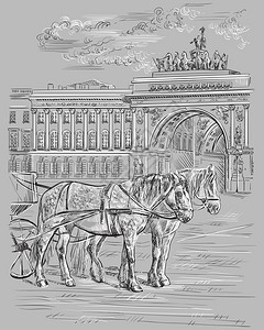 两匹马和车圣彼得斯堡宫殿广场的胜利拱门鲁西亚圣彼得斯堡的里程碑图片