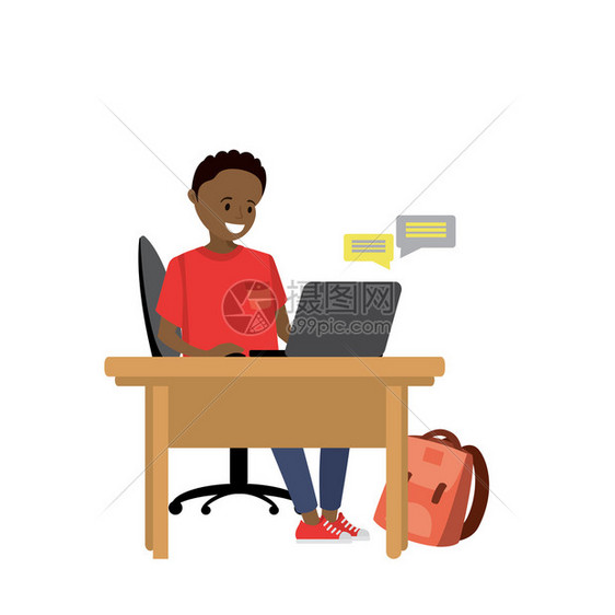 非洲美青少年与笔记本电脑通信以白色背景孤立Carton矢量插图青少年与笔记本电脑通信图片