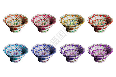 白色背景上孤立的彩色花朵瓷器盒集Asian瓷器盘集图片